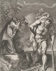 Saint Christopher carrying the Christ child across a stream, another man holding a staff