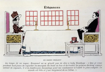 A representation of Beau Brummell (George Bryan Brummell) (1778-1840) at table in front of Lady Stanhope, he gave birth to the expression 