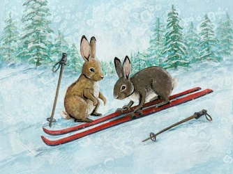 Playful Skiing Hares