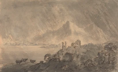Castle above a Lake with Distant Mountain under Stormy Sky
