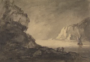 Shipping Scene with Three Figures on Shore