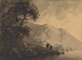 Two Figures on Shore with Mountain Rising Behind