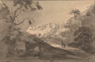 Two Figures on a Road with Castle in Center Distance