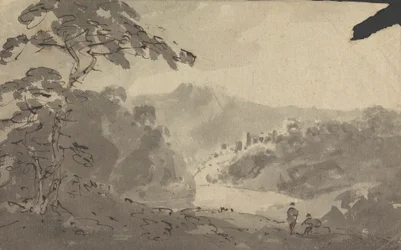 Two Men Looking Into Landscape with Castle, River and Mountain Scene