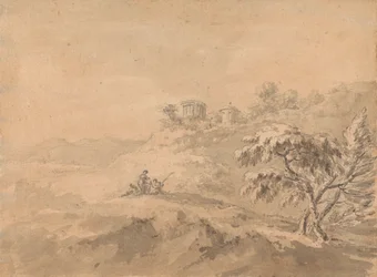 Two Men in a Landscape and a Castle on a Hill