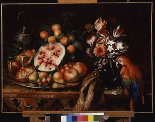 Still Life with Red Parrot and Fruit