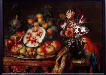 Still life with red parrot and fruit