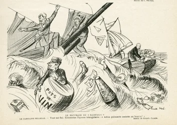 Illustration of Ricardo Flores (1878-1918) in Le Rire, 25/05/12 - The Shipwreck of Radicalism - Radicalism, Maritime Marine Seaside, Smoking, Yachting, Tobacco - Combes Emile (1835-1921), Andre Louis (1838-1913), Pelletan Camille (1846-1915) - Graphic Paro