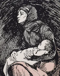 Christmas Eve. 1900. A skinny woman with her child in her arms (engraving)