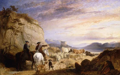 Highland Drovers and Dogs Driving Their Sheep and Cattle in a Rocky Wooded Landscape