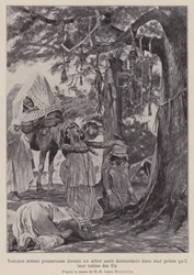 Arab women prostrating themselves before a sacred tree in prayer that they will be granted children