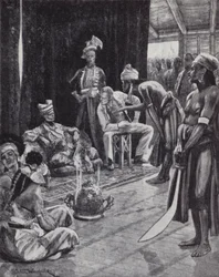 Sir James Brooke negotiating a treaty with the Sultan of Brunei for establishing a British colony on Borneo