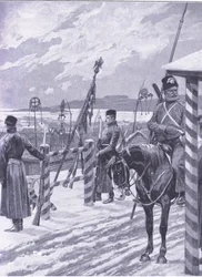 A Cossack Station in Manchuria with Tribal Signs Over the Men