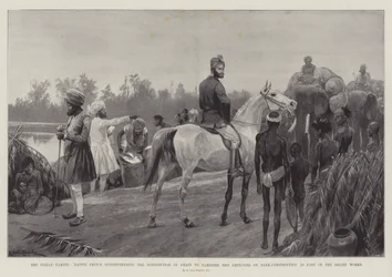 The Indian Famine, Native Prince superintending the Distribution of Grain to Famished Men employed on Tank-Construction as Part of the Relief Works