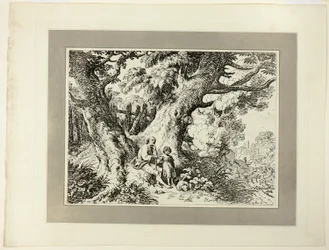 Old Trees with Old Man, a Girl, and a Dog