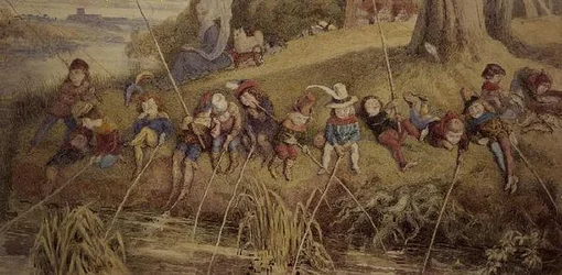 Dame Julianna Berners Teaching her Young Pupils the Art of Fishing