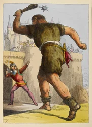 Jack ready to fight a giant outside a castle. Colour illustration in a children