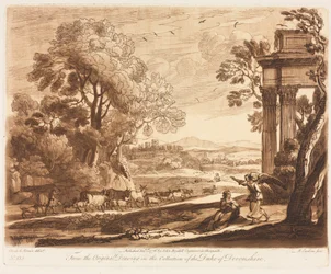 Liber Veritatis: No. 133, A Landscape, with Cattle, and the Angel Comforting Hagar, 1776