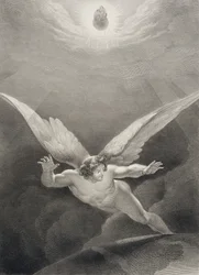Satan leaps over the walls of Heaven, from a French edition of 