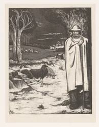 Shepherd with a Flock of Sheep in a Hilly Landscape