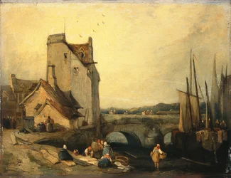 View in Brittany: Bridge, Cottages and Washerwoman