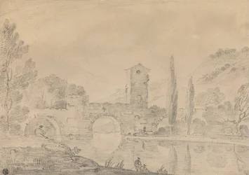 Italian Landscape with Three-Arched Bridge, Bridgehouse, Figures on near Bank, and Poplars on Farther Bank