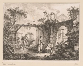 View of a Courtyard with a View Through a Gate to a House