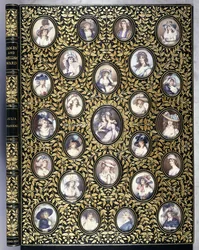 A book cover with twenty-five portrait miniatures of beautiful women, after the Ward