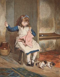Girl sewing with cat at her feet