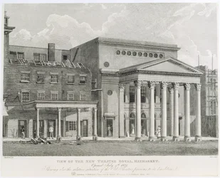 View of the New Theatre Royal, Haymarket, Opened July 4th 1821, Showing also the Relative Situation of the Old Theatre Previous to its Demolition, engraved by Dale, 1822
