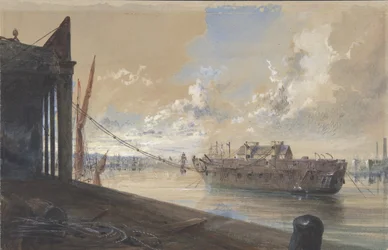 The Cable Passed From the Works into the Hulk the Old Frigate Iris Lying in the Thames, 1865-66