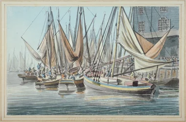 View of Billingsgate Wharf with Boats on the Water, City of London