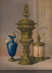 Silver Gilt & Jeweled Vase, Porcelain Vase, Cigar Casket