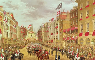 Wedding Procession of Edward, Prince of Wales and Princess Alexandra Driving through the City at Temple Bar, 7th March 1863, illustration from 