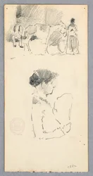 Scene with Donkey and Two Figures; Woman Holding a Fan, 1882