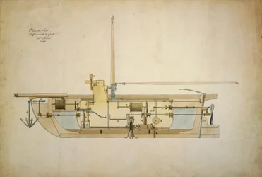 Original drawing of the Nautilus, the first underwater boat, presented by its inventor Robert Fulton (1765-1815) to the American Senate in 1806.