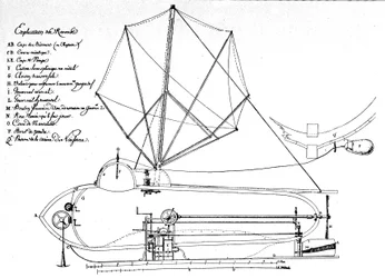 Schema of the Nautilus, first submarine boat, invented by American Robert Fulton (1765-1815). This is the drawing he proposed to the Executive Board. 1797
