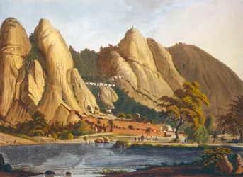 South View of Sewandroog, Illustration from Twelve Views of Mysore, the Country of Tippoo Sultan Engraved and Coloured by J.W. Edy