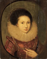 Portrait of a Girl, Bust-Length, in a Scarlet Embroidered Dress and Lace Collar