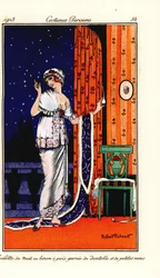 Woman in evening gown of polka-dot linen decorated with lace and roses