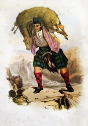 A Scottish Clan Warrior Mac Rae Wearing a Sheep on His Shoulders - Lithograph from 