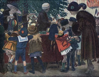 The Christmas Tree of the Lorraine Alsatians: Children from Alsace and Lorraine (Alsace-Lorraine) Come to Pick Up Their Gifts Around the Christmas Tree Offered to the City. Illustration by Robert Salles (1871-1929) in 