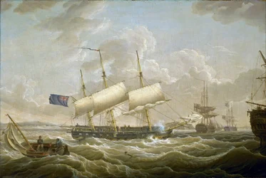 A frigate anchored in the Mersey. Fort Perch Rock is visible on the horizon