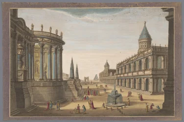 View of the Temple of Vesta, the Pyramid of Cestius, and Other Buildings in Rome
