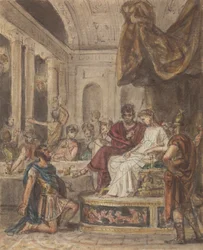 Banquet Scene, with a Roman Soldier Kneeling to a Female Figure Sitting on a Throne