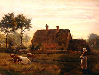 Cattle Grazing by a Thatched Cottage at Sunset