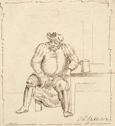 Sketch of seated man with mug, possibly Falstaff