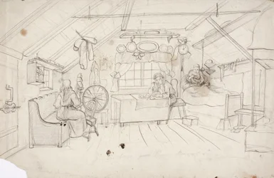 Interior with Three People: One Drinking Coffee in Bed, One Eating Porridge at the Table, and One by the Spinning Wheel