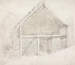 Gable of a Warehouse with Thatched Roof and Stone Foundation