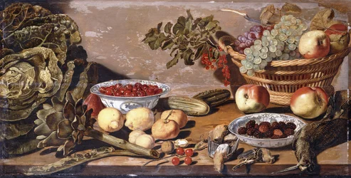 Bowls of Cherries and Blackberries, a Basket of Grapes, Apples and Red Currants, a Cabbage, Artichoke, Lemons, Gherkins, Nuts, Other Fruit, Dead Snipe and Thrushes on a Table